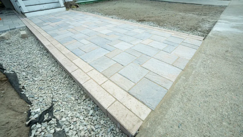 Hand-laid interlock paver detail.